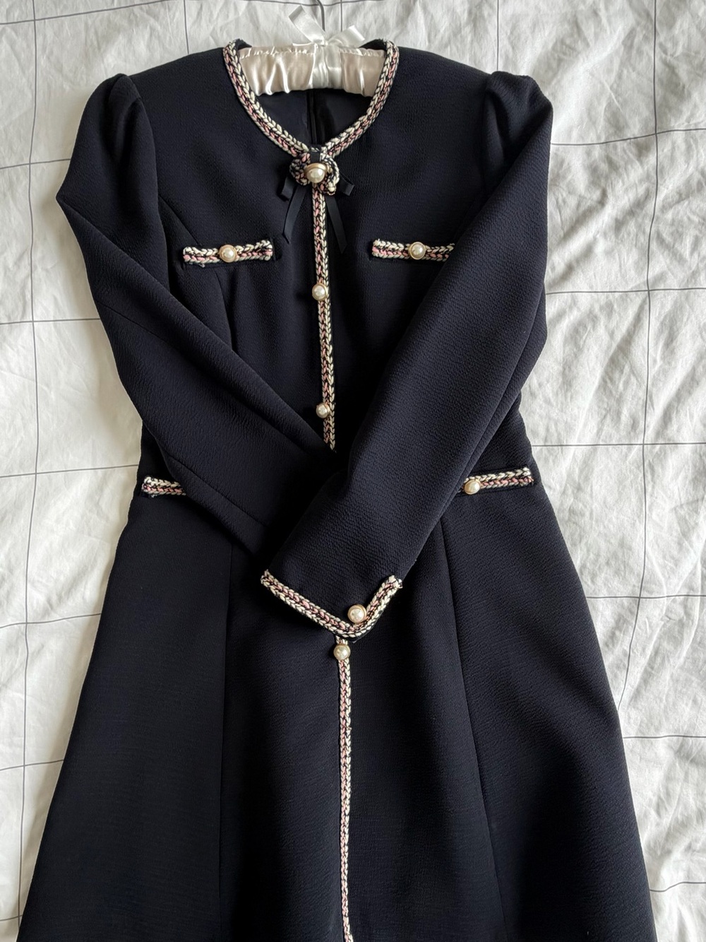 Vintage Navy Blue Long-Sleeve Dress with Braided Pearl Trim
